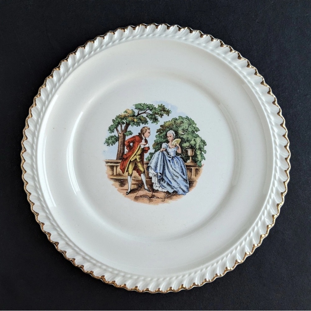 5- The Harker Pottery Company - 22 Kt. Gold  Colonial Couple 6” Dessert plates